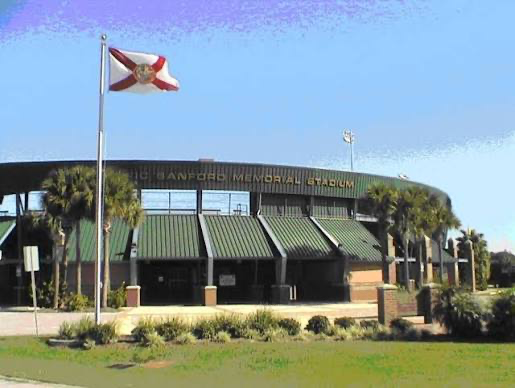Historic Sanford Memorial Stadium baseball field and covered grandstand